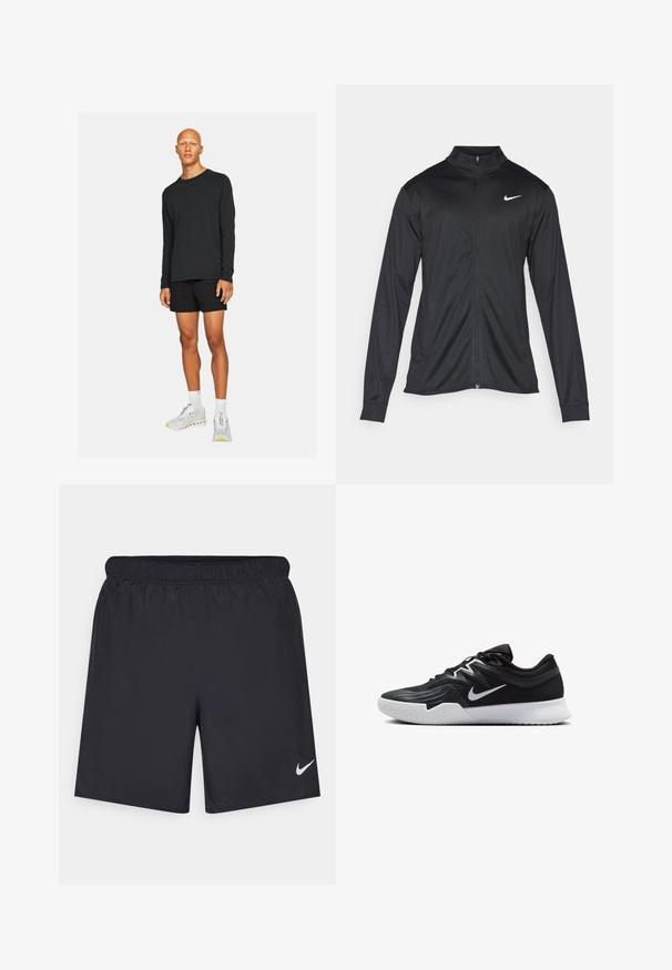 Fekete sportdzseki hosszú ujjal, gallérral és teljes cipzárral. Diszkrét fehér Nike logóval az upper bal mellen. Sima textúra.; Fekete, hosszú ujjú póló fekete sorttal párosítva. A modell fehér és szürke sportcipőt visel, kiegészítőkkel, egy egyszerű háttér előtt áll.; Fekete sportnadrág könnyű anyagból, rugalmas derékkal. A bal alsó oldalon egy kis fehér Nike-logó található.; Fekete sportcipő texturált felsőrésszel, fehér Nike logóval és fehér gumitalppal. Fűzős kialakítással és dinamikus formával rendelkezik.