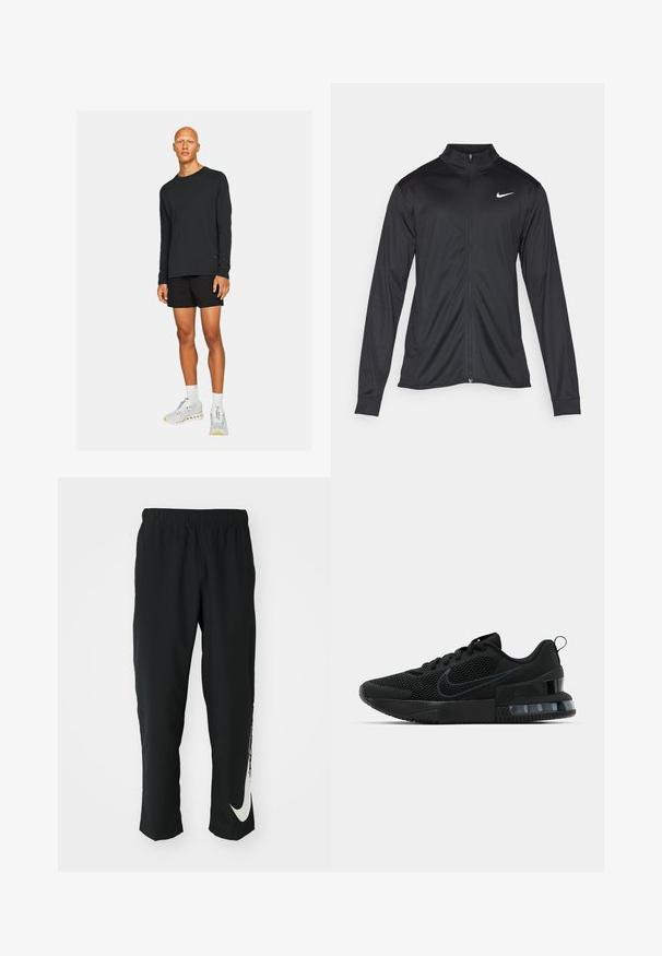 Chaqueta atlética negra con mangas largas, collar y cremallera completa. Presenta un sutil logo de Nike en blanco en la parte superior izquierda del pecho. Textura suave.; Camisa negra de manga larga combinada con pantalones cortos negros. El modelo lleva zapatillas deportivas blancas y grises con acentos, de pie sobre un fondo simple.; Pantalones deportivos negros con cinturilla elástica, diseño cónico, que presentan un gran logo blanco de Nike en la pierna izquierda. Tejido suave y ligero.; Zapatillas Nike negras con parte superior de malla, suela texturizada y unidad de aire visible en el talón. Acentos y logotipo en un tono de negro más oscuro.