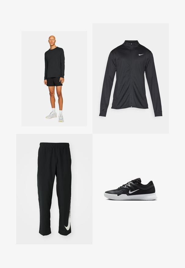 Jachetă sportivă neagră cu mâneci lungi, guler și fermoar complet. Prezintă un logo Nike subtil, alb, pe pieptul din stânga sus. Textură netedă.; Cămașă neagră cu mânecă lungă purtată împreună cu pantaloni scurți negri. Modelul poartă pantofi sport albi și gri cu accente, stând pe un fundal simplu.; Pantaloni sport negri cu talie elastică, design conic, având un mare logo alb Nike pe piciorul stâng. Material moale, ușor.; Pantof sport negru cu un superior texturat, swoosh alb Nike și o tălpică din cauciuc alb. Dispune de un design cu șireturi și o formă dinamică.