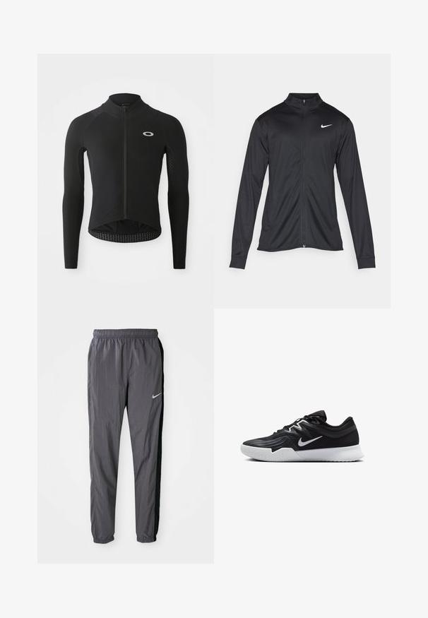 Svart idrottsjacka med långa ärmar, krage och full dragkedja. Har en diskret Nike-logga i vitt på övre vänstra bröstet. Slät yta.; Svart långärmad cykeltröja med dragkedja fram, texturerade ärmpaneler, reflektiv logotyp på bröstet och rundad nederkant bak.; Nike träningsbyxor, tillverkade av lättviktigt tyg, i mörkgrått med svarta sidopaneler. Har ett elastiskt midjeband och en reflexlogotyp.; Svarta träningsskor med en texturerad ovandel, vit Nike-logga och en vit gummisula. Har snörningsdesign och en dynamisk form.