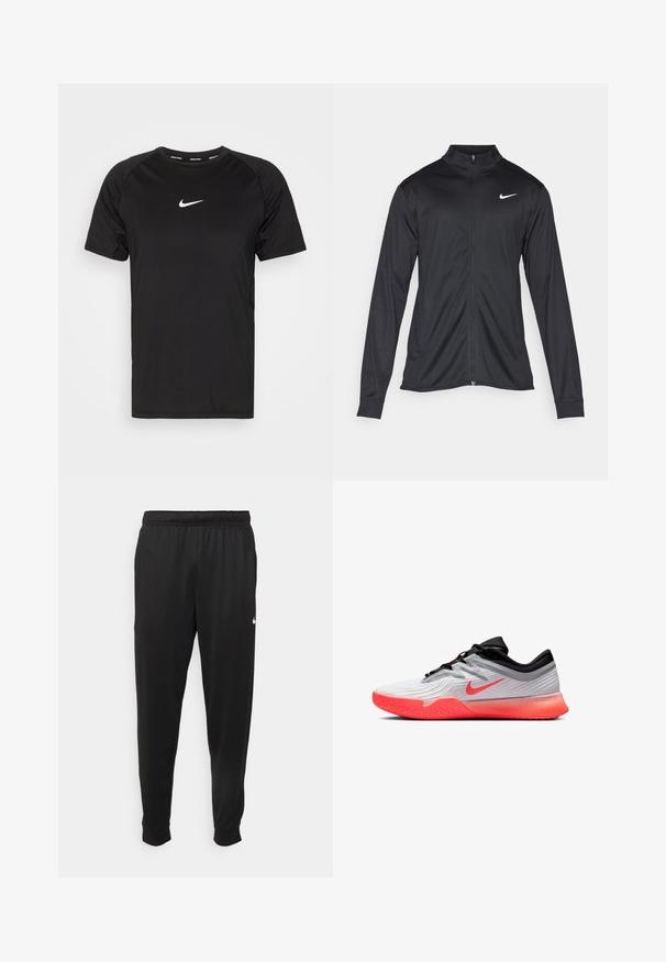 Melna sporta jaka ar garām piedurknēm, apkakli un pilnu rāvējslēdzēju. Uz kreisā krūts augšdaļas ir maigs Nike logo baltā krāsā. Gluda tekstūra.; Melna īsām piedurknēm Nike Pro t-krekls, izgatavots no gluda, viegla auduma. Tam ir neliels balts Nike logs uz krūtīm un raglāna piedurkņu dizains.; Melnas sporta bikses, kas izgatavotas no gludas auduma, ar elastīgu jostu, sašaurinošām kājām un mazu balto logo kreisajā pusē.; Baltas un melns sporta apavi ar spilgti oranžu zoli un Nike logo, zema apakšda, kā arī teksturēta virsma priekšējā zolē.