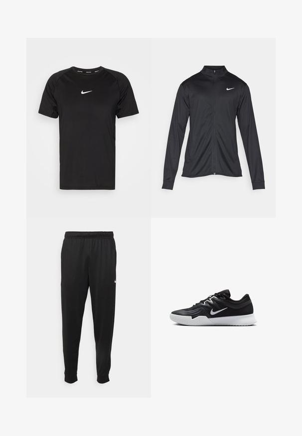 Chaqueta atlética negra con mangas largas, collar y cremallera completa. Presenta un sutil logo de Nike en blanco en la parte superior izquierda del pecho. Textura suave.; Camiseta negra de manga corta Nike Pro hecha de un tejido suave y ligero. Presenta un pequeño logotipo blanco de Nike en el pecho y un diseño de manga raglán.; Pantalones deportivos negros de tejido suave, con cintura elástica, perneras ajustadas y un pequeño logotipo blanco en el lado izquierdo.; Zapatilla deportiva negra con parte superior texturizada, logo de Nike en blanco y suela de goma blanca. Tiene un diseño con cordones y una forma dinámica.