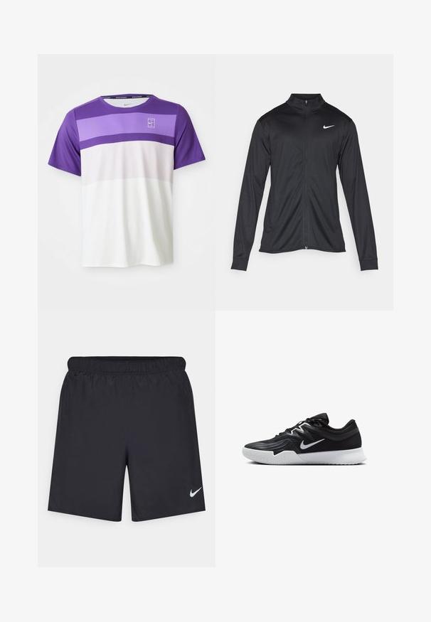 Melna sporta jaka ar garām piedurknēm, apkakli un pilnu rāvējslēdzēju. Uz kreisā krūts augšdaļas ir maigs Nike logo baltā krāsā. Gluda tekstūra.; Īsām piedrukāta Nike sporta t-krekla ar īsām piedurknēm, kuram ir purpura, lavandas, gaiši rozā un baltas horizontālas krāsas svītras, kā arī NikeCourt logo uz krūšu zonas.; Melnas sporta šorti, izgatavoti no viegla materiāla, ar elastīgu jostu. Uz apakšējā kreisā stūra ir neliels balts Nike logo.; Melni sporta apavi ar teksturētu virsu, balto Nike zulumu un balto gumijas zoli. Iezīmējas ar auklu pievilkšanas dizainu un dinamisku formu.