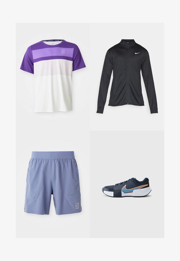 Črna atletska jakna z dolgimi rokavi, ovratnikom in polnim zadrgo. Vključuje diskreten bel Nike logotip na zgornjem levem delu prsnega koša. Gladka tekstura.; Nike športna majica s kratkimi rokavi z horizontalnimi barvnimi poudarki v vijolični, lavandi, svetlo roza in beli ter logotipom NikeCourt na prsih.; Svijetloplave atletske kratke hlače s elastičnom pojasom, dva bočna džepa i mali bijeli logo na donjem prednjem desnom dijelu. Glatka tekstura.; Športni čevlji z mornarsko modrim mrežastim in sintetičnim zgornjim delom, oranžnimi in modrimi detajli, teksturiranimi stranicami ter belim gumijastim podplatom.