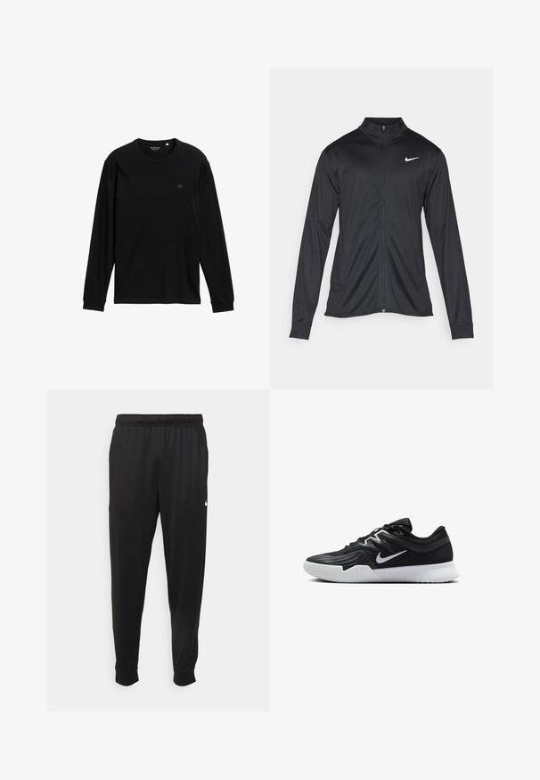 Zwarte sportjack met lange mouwen, kraag en volle rits. Voorzien van een subtiele Nike-logo in het wit op de bovenste linkerborst. Soepele textuur.; Zwarte langemouwen t-shirt gemaakt van zachte stof; heeft een ronde hals, ribgebreide mouwen en een klein logo op de borst voor detail.; Zwarte sportbroek gemaakt van gladde stof, met een elastische tailleband, taps toelopende pijpen en een klein wit logo aan de linkerzijde.; Zwarte sportieve schoen met een gestructureerde bovenkant, witte Nike swoosh en een witte rubberen zool. Beschikt over een veterontwerp en een dynamische vorm.