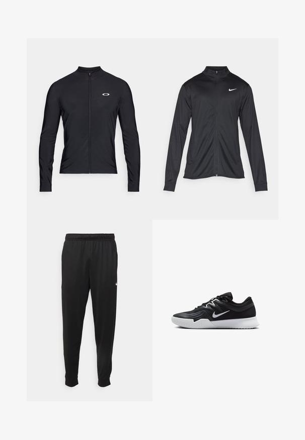 Veste de sport noire à manches longues, avec col et fermeture éclair intégrale. Présente un logo Nike subtil en blanc sur le côté supérieur gauche de la poitrine. Texture lisse.; Chemise noire à manches longues avec zip, en tissu léger ; elle possède un col rond et un petit logo imprimé sur le côté supérieur gauche.; Pantalon de sport noir en tissu lisse, avec une taille élastique, des jambes fuselées et un petit logo blanc sur le côté gauche.; Chaussure de sport noire avec une tige texturée, un swoosh blanc de Nike et une semelle extérieure en caoutchouc blanc. Elle présente un design à lacets et une forme dynamique.
