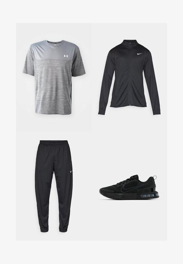 Μαύρο αθλητικό μπουφάν με μακριά μανίκια, γιακά και πλήρη φερμουάρ. Διαθέτει ένα διακριτικό λευκό λογότυπο της Nike στη πάνω αριστερή πλευρά του στήθους. Λείος υφασμάτινος χαρακτήρας.; Γκρι αθλητικό μπλουζάκι φτιαγμένο από αναπνεύσιμο υλικό. Διαθέτει ομαλό άνω τμήμα, υφή στο κάτω μέρος, και το λογότυπο της Under Armour στο στήθος.; Μαύρο αθλητικό παντελόνι με ελαστική μέση, στενές γραμμές στα πόδια και ένα μικρό λευκό λογότυπο Nike στο αριστερό μηρό. Λείο ύφασμα, χωρίς σχέδια.; Μαύρο αθλητικό παπούτσι Nike με διαπνέον επάνω μέρος, καουτσούκ σόλα, μαξιλαρωμένο κολάρο και διακριτικό διάφανο τμήμα στη φτέρνα.