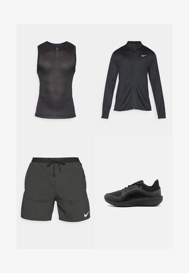 Black athletic jacket with long sleeves, collar, and full zipper. Features a subtle Nike logo in white on the upper left chest. Smooth texture.; Black sleeveless athletic top made of mesh fabric. Features a round neckline and a fitted design with subtle texture throughout.; Black running shorts with an elastic waistband, drawstring, side pockets, and a white Nike logo on the lower left leg.; Black athletic shoe with a textured quilted upper, sleek design, and black rubber sole. Features a visible logo and Gore-Tex branding.