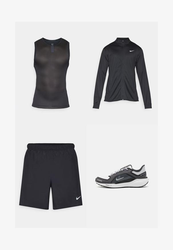 Black athletic jacket with long sleeves, collar, and full zipper. Features a subtle Nike logo in white on the upper left chest. Smooth texture.; Black sleeveless athletic top made of mesh fabric. Features a round neckline and a fitted design with subtle texture throughout.; Black athletic shorts made of lightweight material with an elastic waistband. Features a small white Nike logo on the lower left side.; Black and gray athletic shoe with a mesh upper, reflective accents, and a white midsole. Features textured rubber outsole and laces.