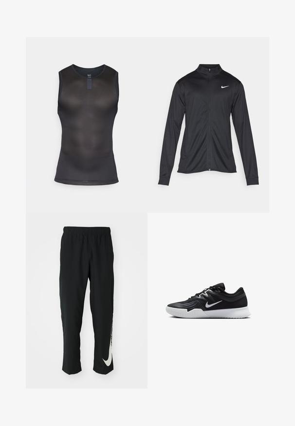 Črna atletska jakna z dolgimi rokavi, ovratnikom in polnim zadrgo. Vključuje diskreten bel Nike logotip na zgornjem levem delu prsnega koša. Gladka tekstura.; Črna brezrokavna atletska majica iz mrežastega materiala. Ima okroglo ovratnico in prilega se telesu z diskretno teksturo po celotni površini.; Črne športne hlače z elastičnim pasom, zoženim dizajnom, s velikim belim logotipom Nike na levem hlačnici. Mehka, lahka tkanina.; Črne atletske čevlje z teksturirano zgornjico, belim Nike znakom in belim gumijastim zunanjim podplatom. Imajo vezalni dizajn in dinamično obliko.