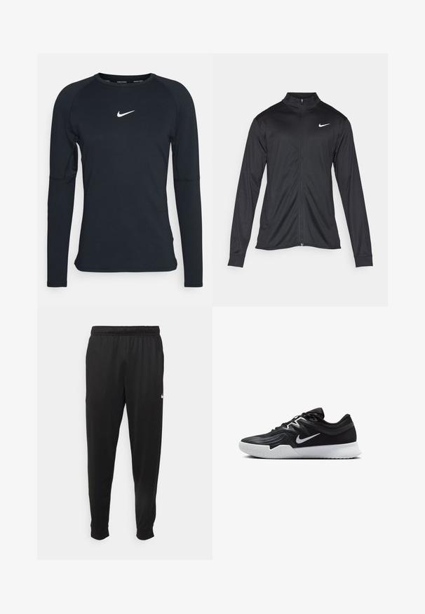 Musta urheilutakki pitkillä hihoilla, kauluksella ja kokonaisella vetoketjulla. Täydentää hienovarainen Nike-logo valkoisena vasemmassa ylärinnassa. Litteä pinta.; Mustapaitainen pitkähihainen urheilupaita, jossa on pyöreä kaula-aukko ja raglan-hihat. Paidassa on pieni valkoinen Nike-logo rinnassa. Sileä rakenne.; Mustat urheiluhousut, jotka on valmistettu sileästä kankaasta. Niissä on joustava vyötärö, kapenevat lahkeet ja pieni valkoinen logo vasemmalla puolella.; Musta urheilukenkä, jossa on teksturoitu päällinen, valkoinen Nike-tikkaus ja valkoinen kumipohja. Kenkässä on nauhakuji ja dynaaminen muoto.