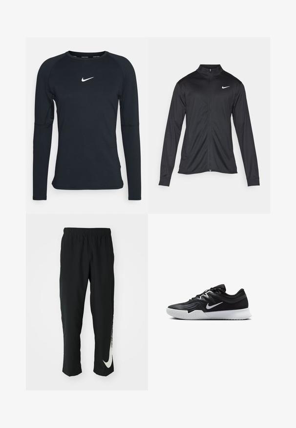 Musta urheilutakki pitkillä hihoilla, kauluksella ja kokonaisella vetoketjulla. Täydentää hienovarainen Nike-logo valkoisena vasemmassa ylärinnassa. Litteä pinta.; Mustapaitainen pitkähihainen urheilupaita, jossa on pyöreä kaula-aukko ja raglan-hihat. Paidassa on pieni valkoinen Nike-logo rinnassa. Sileä rakenne.; Mustat urheiluhousut, joissa on joustava vyötärö, kapeneva muotoilu ja suuri valkoinen Nike-logo vasemmassa lahkeessa. Pehmeä, kevyt kangas.; Musta urheilukenkä, jossa on teksturoitu päällinen, valkoinen Nike-tikkaus ja valkoinen kumipohja. Kenkässä on nauhakuji ja dynaaminen muoto.