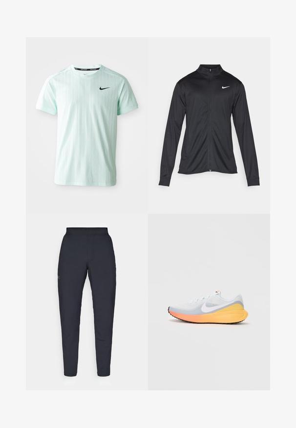 Čierna športová bunda s dlhými rukávmi, golierom a plným zipsom. Obsahuje nenápadné logo Nike v bielej farbe na hornej ľavej hrudi. Hladká textúra.; Mentolovo zelené športové tričko vyrobené z ľahkého materiálu, s vertikálnymi pruhmi, krátkymi rukávmi a čiernym logom Nike na hrudi.; Čierne športové nohavice s hladkým povrchom, priliehavým strihom, elastickým pásom a bočnými vreckami. Obsahujú malé logo na ľavom stehne.; Svetlomodrá bežecká obuv s priedušným sieťovinovým zvrškom. Má biely znak, oranžovú a žltú medzipodrážku a čiernu podrážku pre trakciu.