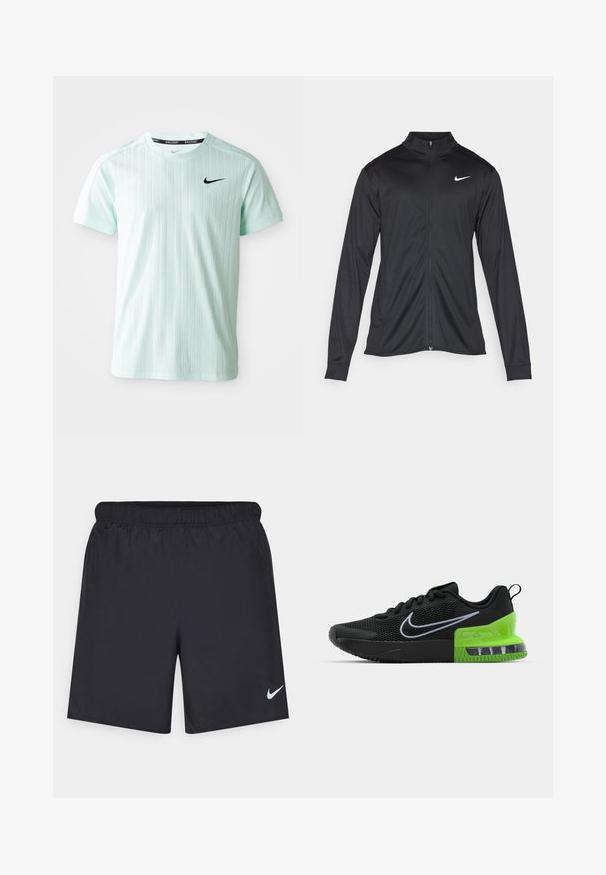 Jachetă sportivă neagră cu mâneci lungi, guler și fermoar complet. Prezintă un logo Nike subtil, alb, pe pieptul din stânga sus. Textură netedă.; Tricou sportiv de culoare verde mentă, fabricat dintr-un material ușor, având dungi verticale, mâneci scurte și un logo Nike negru pe piept.; Pantaloni scurți atletici negri, fabricați dintr-un material ușor, cu un talie elastică. Au un mic logo alb Nike în partea stângă jos.; Pantofii sport negri cu suprafață din plasă, având o talpă verde și neagră cu amortizare cu aer și un logo alb Nike swoosh.