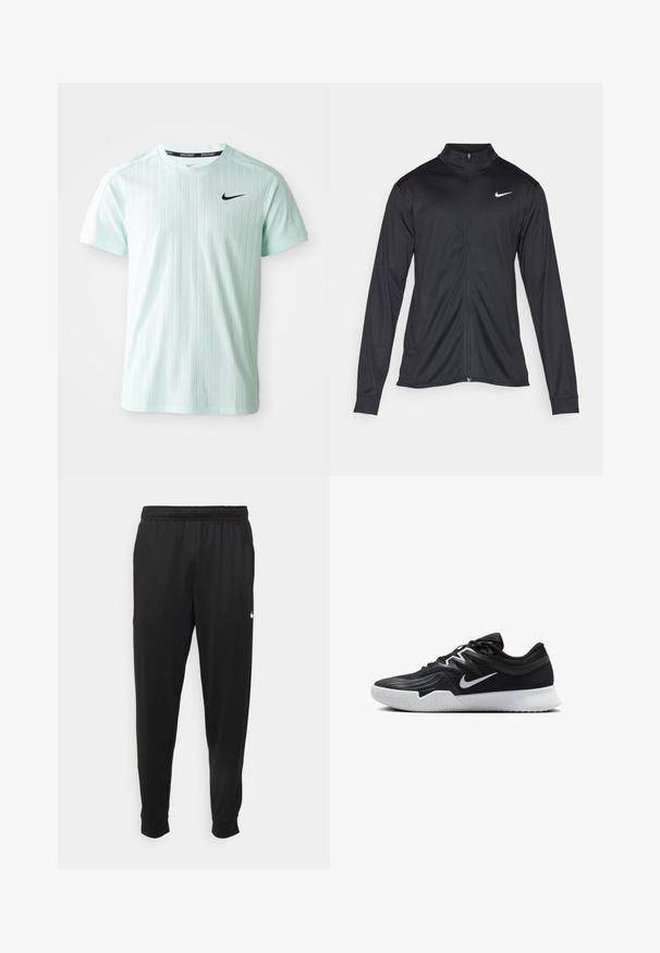 Must värvi sportlik jakk pikkade varrukatega, krae ja täispikk tõmblukk. Ülemises vasakus rinnas on diskreetne valge Nike logo. Sile tekstuur.; Mündroheline sportline särk, mis on valmistatud kergest kangast, millel on vertikaalsed triibud, lühikesed varrukad ja must Nike logo rinnal.; Mustad mustekad athletic-püksid sujuvast kangast, elastse vöökoha, kitsenevate jalgade ja väikese valge logoga vasakul küljel.; Must mustad jalanikesad rikaste ülaservaga, valge Nike swoosh'i ja valge kummist välispõhjaga. Omab paeltega sulgemisdetaili ja dünaamilist kuju.