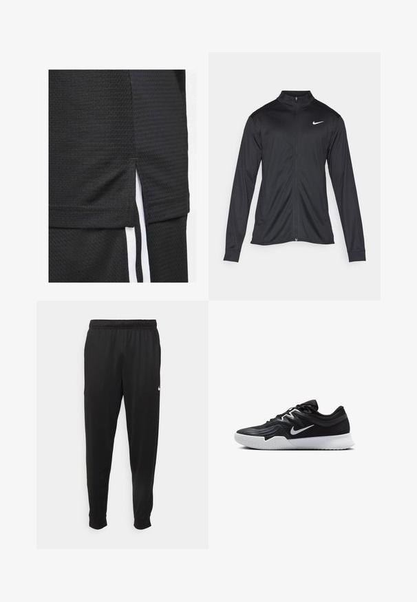 Czarna sportowa kurtka z długimi rękawami, kołnierzem i pełnym zamkiem. Posiada subtelne logo Nike w białym kolorze na lewej górnej części klatki piersiowej. Gładka tekstura.; Czarna sportowa koszulka z teksturowanej tkaniny, krótkim dołem z bocznymi rozworami oraz białymi akcentami wzdłuż boków.; Czarne sportowe spodnie wykonane z gładkiego materiału, z elastycznym pasem, zwężanymi nogawkami i małym białym logo po lewej stronie.; Czarne buty sportowe z teksturowaną cholewką, białym logo Nike i białą gumową podeszwą. Charakteryzują się sznurowanym zapięciem i dynamicznym kształtem.