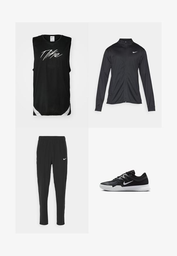 Black athletic jacket with long sleeves, collar, and full zipper. Features a subtle Nike logo in white on the upper left chest. Smooth texture.; Black sleeveless athletic shirt made of mesh material, featuring a prominent white Nike logo on the front and white accents at the hem.; Black athletic pants made of lightweight fabric, featuring an elastic waistband and a white Nike logo on the left thigh.; Black athletic shoe with a textured upper, white Nike swoosh, and a white rubber outsole. Features a lace-up design and dynamic shape.