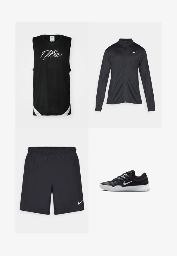 Giacca sportiva nera con maniche lunghe, colletto e zip completa. Presenta un logo Nike in bianco sulla parte superiore del lato sinistro del petto. Tessuto morbido.; Canottiera nera senza maniche in materiale a rete, con un prominente logo Nike bianco sul davanti e dettagli bianchi all'orlo.; Shorts sportivi neri realizzati in materiale leggero con vita elastica. Presentano un piccolo logo Nike bianco sul lato sinistro in basso.; Scarpa sportiva nera con tomaia testurizzata, logo Nike swoosh bianco e suola in gomma bianca. Presenta un design con lacci e una forma dinamica.