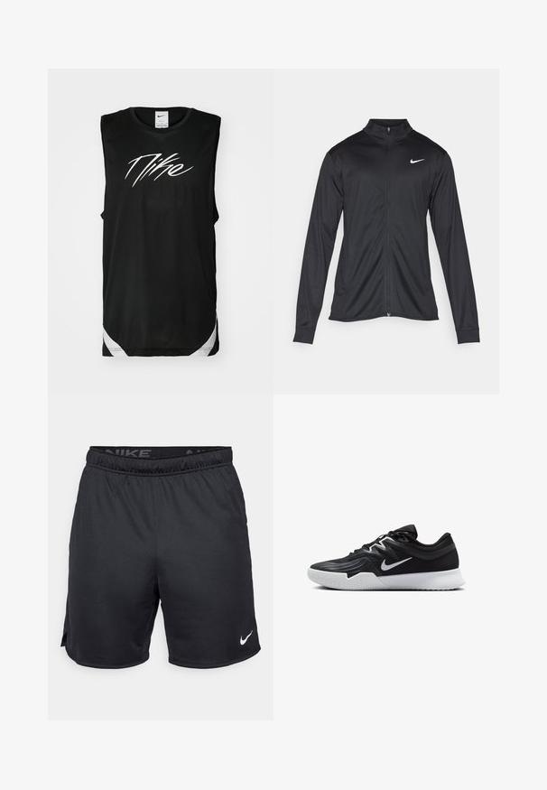 Veste de sport noire à manches longues, avec col et fermeture éclair intégrale. Présente un logo Nike subtil en blanc sur le côté supérieur gauche de la poitrine. Texture lisse.; T-shirt de sport sans manches noir en matériau mesh, avec un logo Nike blanc bien visible sur le devant et des accents blancs à l'ourlet.; Shorts Nike noirs avec une taille élastique, des fentes sur les côtés et un logo Nike blanc sur l'ourlet inférieur. Fabriqués en tissu léger et texturé.; Chaussure de sport noire avec une tige texturée, un swoosh blanc de Nike et une semelle extérieure en caoutchouc blanc. Elle présente un design à lacets et une forme dynamique.
