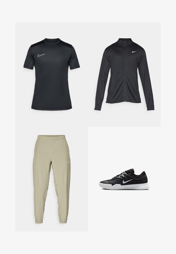 Juodas sportinis švarkas su ilgomis rankovėmis, apykakle ir pilnu užtrauktuku. Yra subtilus baltas Nike logotipas kairėje krūtinės pusėje. Lygus tekstūra.; Juodas trumparankovis sportinis marškinėliai, pagaminti iš lengvos medžiagos, su apvalia iškirpte ir baltu Nike logotipu kairėje krūtinės pusėje.; Šviesiai smėlio spalvos džinsiniai kelnių tipo šortai su elastinga juosmeniu, užlenktais kulkšnimis ir šoninėmis kišenėmis. Priekyje yra mažas baltas logotipas.; Juodos sportinės bateliai su tekstūruota viršutine dalimi, balta Nike swoosh ir balta gumine išorine dalimi. Yra su raištelių užsegimo dizainu ir dinamine forma.
