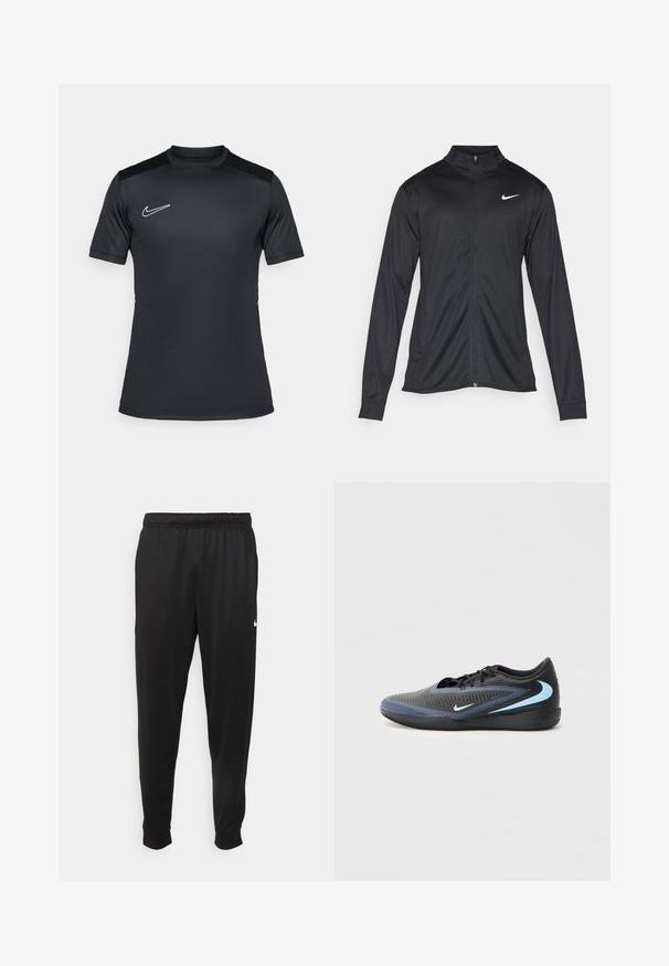 Must värvi sportlik jakk pikkade varrukatega, krae ja täispikk tõmblukk. Ülemises vasakus rinnas on diskreetne valge Nike logo. Sile tekstuur.; Must have lühikesed varrukad spordisärk mustast kergest kangast, ümmarguse kaelusega ja valge Nike logo vasakul rinnal.; Mustad mustekad athletic-püksid sujuvast kangast, elastse vöökoha, kitsenevate jalgade ja väikese valge logoga vasakul küljel.; Mustmust ja sinine madala lõikega sportlik saabas, millel on tekstuuriga pind, mustad paelad ja helesinised Nike logo kujutised külgedel ja taldades.