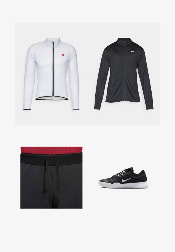 Jachetă sportivă neagră cu mâneci lungi, guler și fermoar complet. Prezintă un logo Nike subtil, alb, pe pieptul din stânga sus. Textură netedă.; Jachetă de ciclism albă cu mâneci lungi, guler înalt și fermoar frontal. Are un logo mic roșu și tivuri și manșete negre contrastante.; Pantalonii de sport negri au un brâu larg cu un șnur extern. Materialul este neted, cu un ușor luciu și fără modele vizibile.; Pantof sport negru cu un superior texturat, swoosh alb Nike și o tălpică din cauciuc alb. Dispune de un design cu șireturi și o formă dinamică.