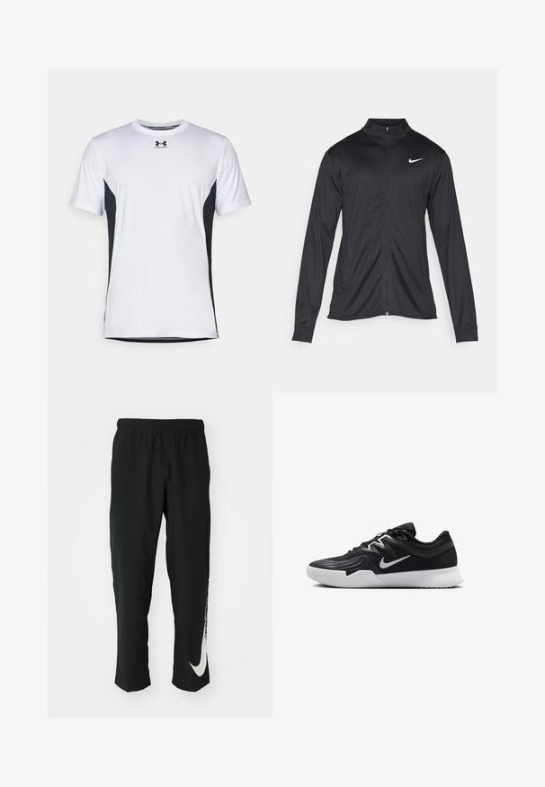 Svart idrottsjacka med långa ärmar, krage och full dragkedja. Har en diskret Nike-logga i vitt på övre vänstra bröstet. Slät yta.; Under Armour CHALLENGER PRO SS - T-shirt till träning - white/black; Svarta träningsbyxor med elastisk midja, avsmalnande design, med en stor vit Nike-logotyp på vänster ben. Mjuk, lättviktig tyg.; Svarta träningsskor med en texturerad ovandel, vit Nike-logga och en vit gummisula. Har snörningsdesign och en dynamisk form.