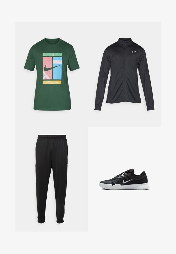 Μαύρο αθλητικό μπουφάν με μακριά μανίκια, γιακά και πλήρη φερμουάρ. Διαθέτει ένα διακριτικό λευκό λογότυπο της Nike στη πάνω αριστερή πλευρά του στήθους. Λείος υφασμάτινος χαρακτήρας.; Πράσινο βαμβακερό μπλουζάκι με γραφικό σχέδιο που περιλαμβάνει ροζ, μπλε και κίτρινες ενότητες, και το χαρακτηριστικό μαύρο λογότυπο της Nike.; Μαύρο αθλητικό παντελόνι από λείο ύφασμα, με ελαστική μέση, κοφτά μπατζάκια και μικρό λευκό λογότυπο στην αριστερή πλευρά.; Μαύρο αθλητικό παπούτσι με υφή στο επάνω μέρος, λευκό σήμα Nike και λευκή καουτσούκ σόλα. Διαθέτει σχέδιο με κορδόνια και δυναμικό σχήμα.