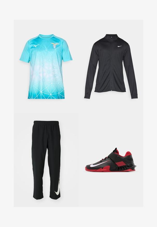 Čierna športová bunda s dlhými rukávmi, golierom a plným zipsom. Obsahuje nenápadné logo Nike v bielej farbe na hornej ľavej hrudi. Hladká textúra.; Svetlomodrý športový dres s bielym geometrickým vzorom pavučiny, logo S.S. Lazio na pravej strane hrudníka a logo Mizuno na ľavej strane hrudníka.; Čierne športové nohavice s elastickým pásom, zúžený strih, s veľkým bielym logom Nike na ľavom stehne. Mäkká, ľahká tkanina.; Čierne a červené športové tenisky s elegantným dizajnom, textúrovaným sieťovým zvrškom, odolnou gumovou podrážkou a výrazným bielym logom.