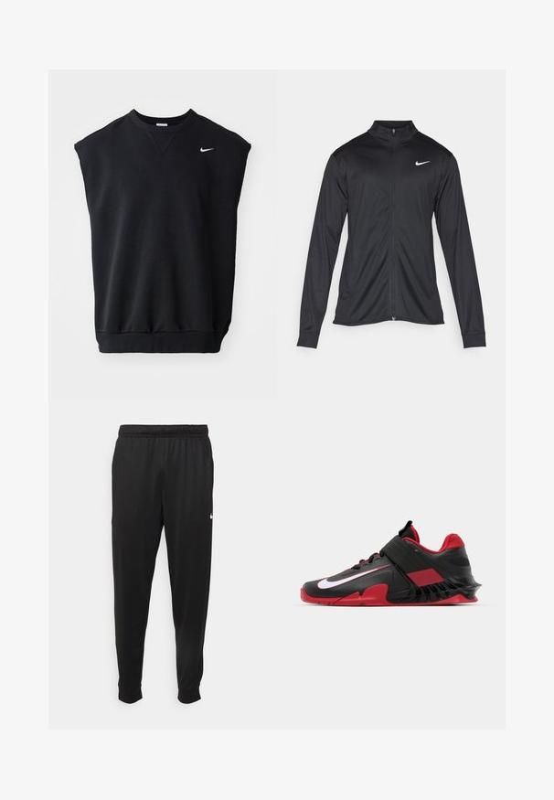 Black athletic jacket with long sleeves, collar, and full zipper. Features a subtle Nike logo in white on the upper left chest. Smooth texture.; Black sleeveless sweatshirt made of cotton blend, featuring a ribbed crew neck and a small white Nike logo on the upper left.; Black athletic pants made of smooth fabric, featuring an elastic waistband, tapered legs, and a small white logo on the left side.; Black and red athletic sneakers featuring a sleek design, textured mesh upper, sturdy rubber sole, and prominent white logo accent.