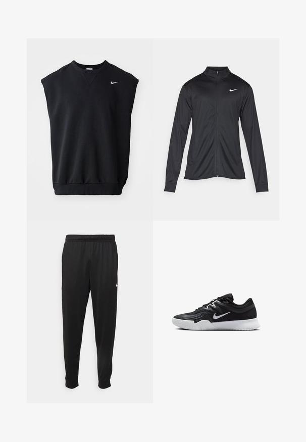 Jacket desportivo preto com mangas longas, colarinho e fecho zip completo. Apresenta um discreto logotipo da Nike em branco na parte superior do lado esquerdo do peito. Textura suave.; Sweatshirt preto sem mangas feito de uma mistura de algodão, com um decote redondo canelado e um pequeno logo branco da Nike no canto superior esquerdo.; Calças de desporto pretas feitas de tecido suave, com uma cintura elástica, pernas ajustadas e um pequeno logo branco no lado esquerdo.; Sapatilha atlética preta com um cabedal texturizado, swoosh branco da Nike e uma sola de borracha branca. Apresenta um design com atacadores e uma forma dinâmica.