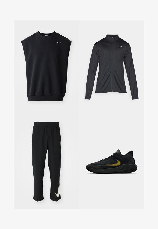 Jacket desportivo preto com mangas longas, colarinho e fecho zip completo. Apresenta um discreto logotipo da Nike em branco na parte superior do lado esquerdo do peito. Textura suave.; Sweatshirt preto sem mangas feito de uma mistura de algodão, com um decote redondo canelado e um pequeno logo branco da Nike no canto superior esquerdo.; Calças atléticas pretas com cintura elástica, design afunilado, apresentando um grande logótipo branco da Nike na perna esquerda. Tecido macio e leve.; Tênis atlético preto e cinza escuro com cadarços pretos e logotipo swoosh dourado, apresentando um design de sola ondulada e colarinho acolchoado no calcanhar.