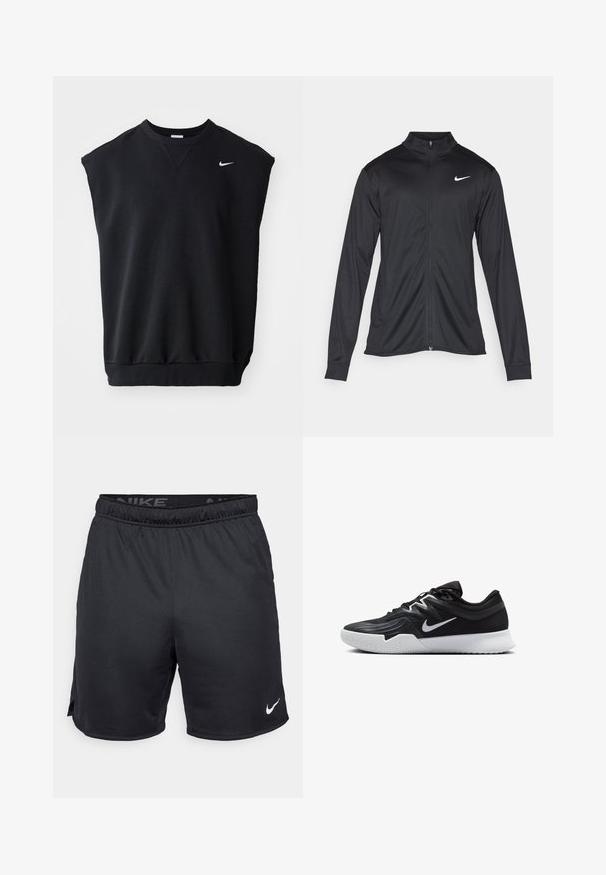 Must värvi sportlik jakk pikkade varrukatega, krae ja täispikk tõmblukk. Ülemises vasakus rinnas on diskreetne valge Nike logo. Sile tekstuur.; Must jägamatud must särgita sweatshirt on valmistatud puuvillasegust, sellel on ribiga ümar kaelus ja väikene valge Nike logo vasakus ülanurgas.; Mustad mustad Nike šortid elastse vöökohtadega, külgsuplementide ja alumise äärde valge Nike logo. Valmistatud kerge ja struktuurlise kangaga.; Must mustad jalanikesad rikaste ülaservaga, valge Nike swoosh'i ja valge kummist välispõhjaga. Omab paeltega sulgemisdetaili ja dünaamilist kuju.
