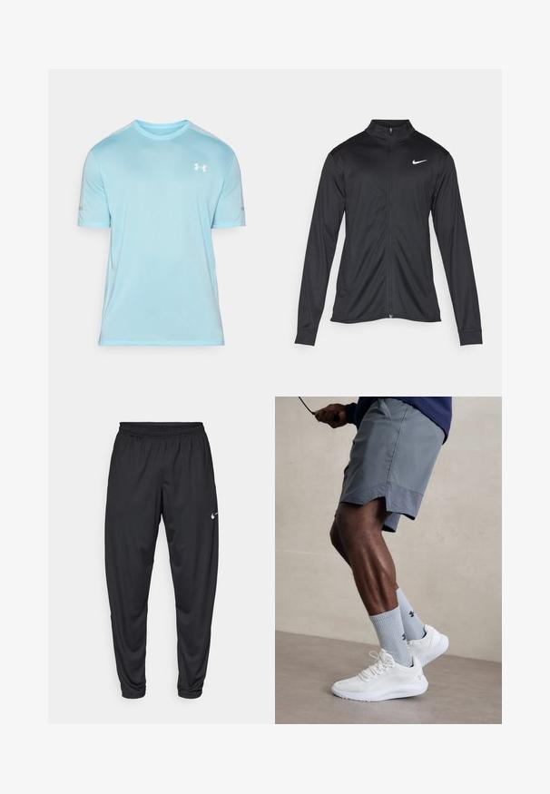 Must värvi sportlik jakk pikkade varrukatega, krae ja täispikk tõmblukk. Ülemises vasakus rinnas on diskreetne valge Nike logo. Sile tekstuur.; Heledad sinine spordit-särk sünteetilisest kangast, lühikeste varrukatega, ümmarguse kaelusega ja valge logoga rinnal.; Mustad sportpüksid elastse vöökoha, kitsenevate jalgade ja väikese valge Nike logo'ga vasakul reitel. Sile kangas, ilma mustriteta.; Valged spordijalatsid tekstuurse võrguga pealispinnaga, millele on lisatud helesinised ribakujulised sokid logoga. Hallid spordilühikesed püksid, millel on perforeeritud ääred.