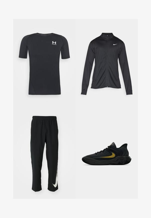 Jacket desportivo preto com mangas longas, colarinho e fecho zip completo. Apresenta um discreto logotipo da Nike em branco na parte superior do lado esquerdo do peito. Textura suave.; Camiseta atlética preta de manga curta, feita de tecido elástico e que absorve a humidade. Apresenta um decote redondo e um pequeno logótipo branco no peito.; Calças atléticas pretas com cintura elástica, design afunilado, apresentando um grande logótipo branco da Nike na perna esquerda. Tecido macio e leve.; Tênis atlético preto e cinza escuro com cadarços pretos e logotipo swoosh dourado, apresentando um design de sola ondulada e colarinho acolchoado no calcanhar.