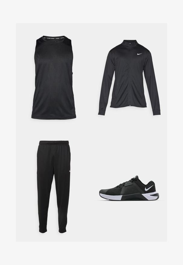 Black athletic jacket with long sleeves, collar, and full zipper. Features a subtle Nike logo in white on the upper left chest. Smooth texture.; Black sleeveless athletic tank top, made of smooth, lightweight fabric, featuring a crew neckline and minimalist design without embellishments.; Black athletic pants made of smooth fabric, featuring an elastic waistband, tapered legs, and a small white logo on the left side.; Nike Performance METCON 10 - Training shoe - black/white/anthracite