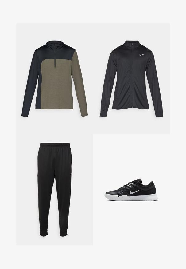 Black athletic jacket with long sleeves, collar, and full zipper. Features a subtle Nike logo in white on the upper left chest. Smooth texture.; Long-sleeve pullover with a half-zip, featuring a dark navy top and a khaki green lower section made from a textured, breathable fabric.; Black athletic pants made of smooth fabric, featuring an elastic waistband, tapered legs, and a small white logo on the left side.; Black athletic shoe with a textured upper, white Nike swoosh, and a white rubber outsole. Features a lace-up design and dynamic shape.