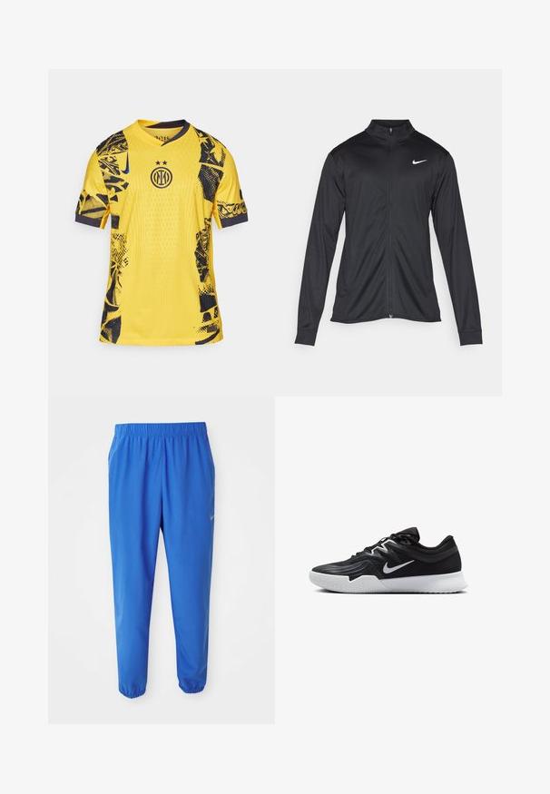 Must värvi sportlik jakk pikkade varrukatega, krae ja täispikk tõmblukk. Ülemises vasakus rinnas on diskreetne valge Nike logo. Sile tekstuur.; Kollane särg, millel on mustad abstraktsed mustrid, ümmargune kaelus, lühikesed varrukad ja keskel asuv logo kahe tähega selle kohal.; Sinised spordipüksid elastse vöökoha, sirge jala disaini ja kitsenevate sääremukudega. Vasakul küljel on kuldne Nike logo.; Must mustad jalanikesad rikaste ülaservaga, valge Nike swoosh'i ja valge kummist välispõhjaga. Omab paeltega sulgemisdetaili ja dünaamilist kuju.