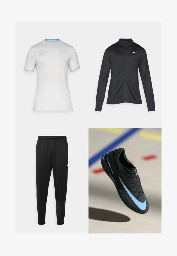 Must värvi sportlik jakk pikkade varrukatega, krae ja täispikk tõmblukk. Ülemises vasakus rinnas on diskreetne valge Nike logo. Sile tekstuur.; Valge sportlik jersy, lühikeste varrukatega, ümmarguse kaelusega ja teal värvi Nike logo. Sile tekstuur koos peente disainielementidega.; Mustad mustekad athletic-püksid sujuvast kangast, elastse vöökoha, kitsenevate jalgade ja väikese valge logoga vasakul küljel.; Mustad mustus spordijalats siniste detailidega, tekstureeritud pind, lipsudega disain ja eristuv Nike logo. Kummist talla, millel on haardemustrid.