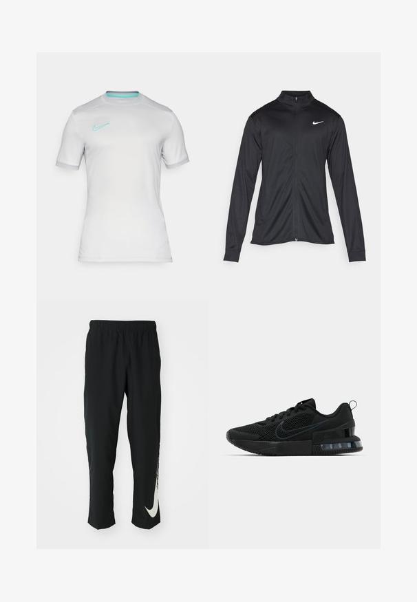 Juodas sportinis švarkas su ilgomis rankovėmis, apykakle ir pilnu užtrauktuku. Yra subtilus baltas Nike logotipas kairėje krūtinės pusėje. Lygus tekstūra.; Baltas sportinis marškinėlis su trumpomis rankovėmis, apvaliu iškirpimu ir mėlynai žaliu Nike logotipu. Sklandžiai atrodančios medžiagos su subtiliomis dizaino detalėmis.; Juodos sportinės kelnės su elastingu juosmeniu, siaurėjančiu dizainu ir dideliu baltu Nike logotipu ant kairiojo kojos. Minkšta, lengva medžiaga.; Juodas Nike sportinis batas su tinklo viršumi, guminėmis padais, paminkštintu apykakle ir išskirtiniu skaidriu kulno akcentu.