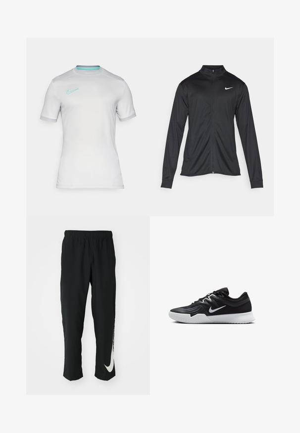 Jachetă sportivă neagră cu mâneci lungi, guler și fermoar complet. Prezintă un logo Nike subtil, alb, pe pieptul din stânga sus. Textură netedă.; Tricou sportiv alb cu mâneci scurte, guler rotund și un logo Nike teal. Textură netedă cu detalii subtile de design.; Pantaloni sport negri cu talie elastică, design conic, având un mare logo alb Nike pe piciorul stâng. Material moale, ușor.; Pantof sport negru cu un superior texturat, swoosh alb Nike și o tălpică din cauciuc alb. Dispune de un design cu șireturi și o formă dinamică.