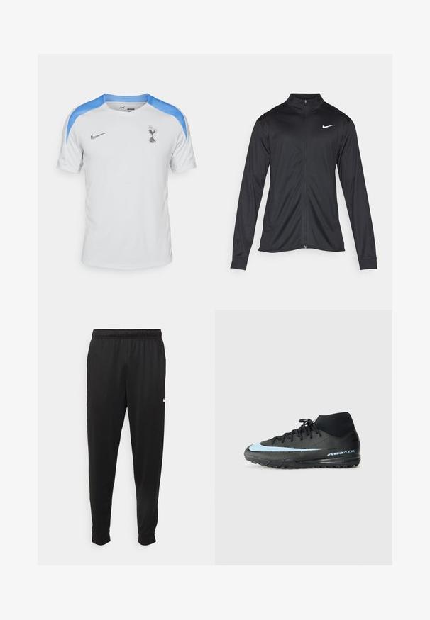 Svart idrottsjacka med långa ärmar, krage och full dragkedja. Har en diskret Nike-logga i vitt på övre vänstra bröstet. Slät yta.; Vit Nike fotbollströja med ljusblå axelaccenter, prydd med en klubblogotyp och en texturerad tygkvalitet för andningsförmåga. Kortärmad design.; Svarta träningsbyxor i slät tyg, med elastisk midja, avsmalnande ben och en liten vit logotyp på vänster sida.; Svart sportskor med hög design, med en ljusblå accentrand och strukturerad sula för grepp. "AIR ZOOM"-varumärke synligt.