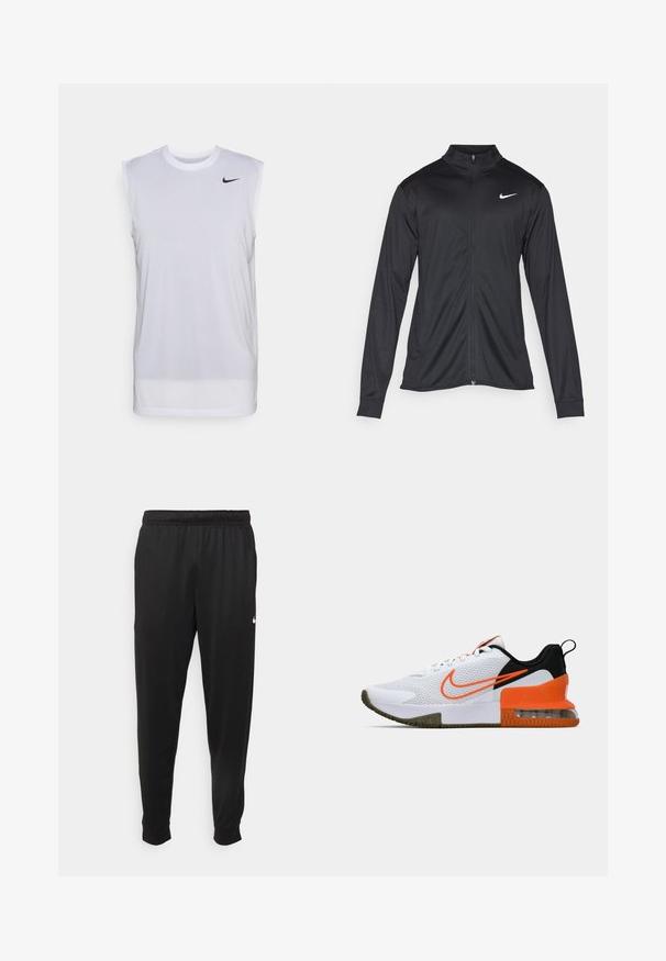 Jachetă sportivă neagră cu mâneci lungi, guler și fermoar complet. Prezintă un logo Nike subtil, alb, pe pieptul din stânga sus. Textură netedă.; Cameră de sport fără mâneci, de culoare albă, fabricată din material ușor. Are un gât rotund și un mic logo Nike de culoare neagră în partea din stânga sus.; Pantaloni sportivi negri dintr-o țesătură netedă, cu un elastic la brâu, picioare conice și un mic logo alb pe partea stângă.; Pantofii sport albi au un superior din plasă texturată, accente negre și portocalii, o talpă din cauciuc groasă și o secțiune de amortizare transparentă la călcâi.