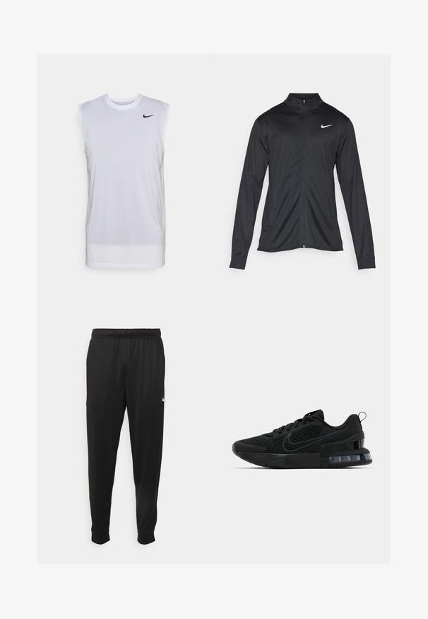 Giacca sportiva nera con maniche lunghe, colletto e zip completa. Presenta un logo Nike in bianco sulla parte superiore del lato sinistro del petto. Tessuto morbido.; Maglietta atletica bianca senza maniche realizzata in materiale leggero. Caratterizzata da un collo rotondo e un piccolo logo Nike nero sul lato superiore sinistro.; Pantaloni sportivi neri realizzati in tessuto liscio, con una vita elastica, gambe affusolate e un piccolo logo bianco sul lato sinistro.; Scarpa atletica nera Nike con tomaia in mesh, suola in gomma, colletto imbottito e un distintivo accento trasparente sul tallone.