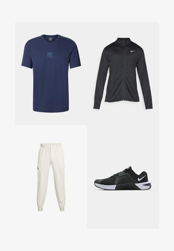 Black athletic jacket with long sleeves, collar, and full zipper. Features a subtle Nike logo in white on the upper left chest. Smooth texture.; Navy blue short-sleeve t-shirt made of lightweight fabric. Features a chest logo in a contrasting shade and a classic round neckline.; Light beige jogger pants with an elastic waistband, side pockets, and ribbed cuffs; feature a black logo accent on the left hip.; Nike Performance METCON 10 - Training shoe - black/white/anthracite