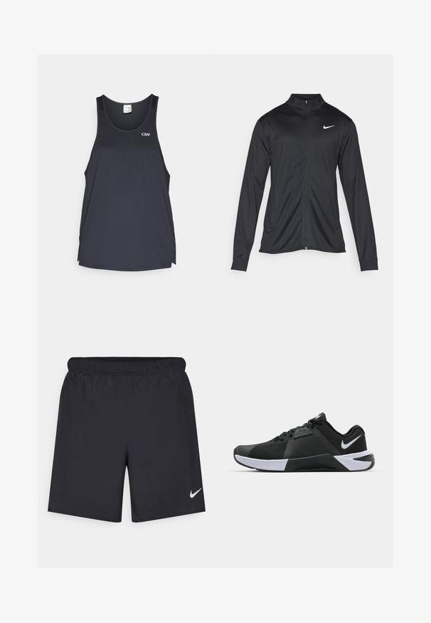 Black athletic jacket with long sleeves, collar, and full zipper. Features a subtle Nike logo in white on the upper left chest. Smooth texture.; Black athletic tank top featuring a mesh texture, a round neckline, and a small white logo on the upper left.; Black athletic shorts made of lightweight material with an elastic waistband. Features a small white Nike logo on the lower left side.; Nike Performance METCON 10 - Training shoe - black/white/anthracite