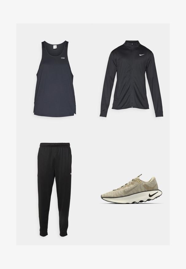 Jachetă sportivă neagră cu mâneci lungi, guler și fermoar complet. Prezintă un logo Nike subtil, alb, pe pieptul din stânga sus. Textură netedă.; Top sportiv negru din material cu textură din plasă, cu decolteu rotund și un mic logo alb în colțul din stânga sus.; Pantaloni sportivi negri dintr-o țesătură netedă, cu un elastic la brâu, picioare conice și un mic logo alb pe partea stângă.; Pantofii sport bej au un superior din plasă texturată, o talpă intermediară curbată de culoare albă, talpă exterioară neagră și un model subtil de camuflaj. Au șireturi și ochiuri.