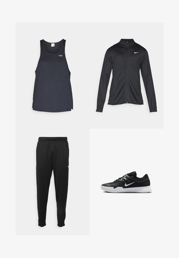 Black athletic jacket with long sleeves, collar, and full zipper. Features a subtle Nike logo in white on the upper left chest. Smooth texture.; Black athletic tank top featuring a mesh texture, a round neckline, and a small white logo on the upper left.; Black athletic pants made of smooth fabric, featuring an elastic waistband, tapered legs, and a small white logo on the left side.; Black athletic shoe with a textured upper, white Nike swoosh, and a white rubber outsole. Features a lace-up design and dynamic shape.