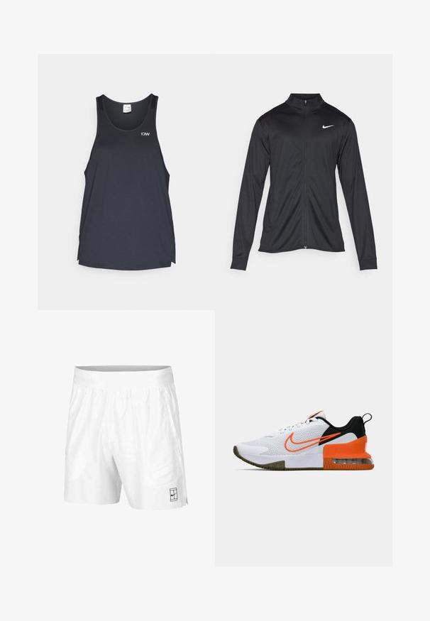 Black athletic jacket with long sleeves, collar, and full zipper. Features a subtle Nike logo in white on the upper left chest. Smooth texture.; Black athletic tank top featuring a mesh texture, a round neckline, and a small white logo on the upper left.; White athletic shorts made of lightweight fabric with an elastic waistband, featuring two side pockets and a small black logo on the hem.; White athletic shoe with a textured mesh upper, black and orange accents, a thick rubber sole, and a clear air cushion section at the heel.