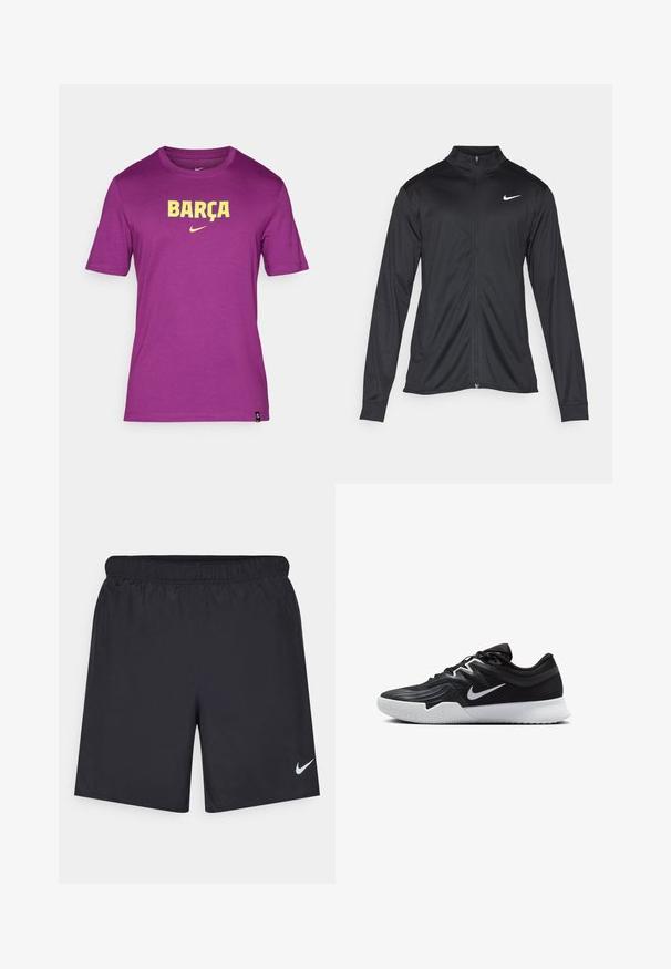 Veste de sport noire à manches longues, avec col et fermeture éclair intégrale. Présente un logo Nike subtil en blanc sur le côté supérieur gauche de la poitrine. Texture lisse.; T-shirt en coton violet avec des manches courtes et un col rond, arborant le mot "BARÇA" en texte jaune et un petit logo Nike en dessous.; Shorts de sport noirs en matériau léger avec une taille élastique. Présente un petit logo Nike blanc sur le bas du côté gauche.; Chaussure de sport noire avec une tige texturée, un swoosh blanc de Nike et une semelle extérieure en caoutchouc blanc. Elle présente un design à lacets et une forme dynamique.